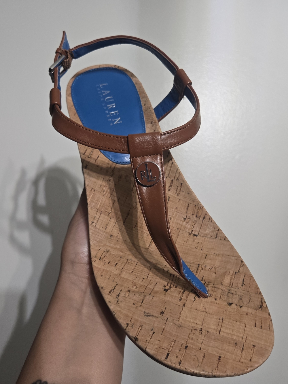 Lauren Ralph Lauren Brown Leather Cork T-Strap Sandals - Blue Insole